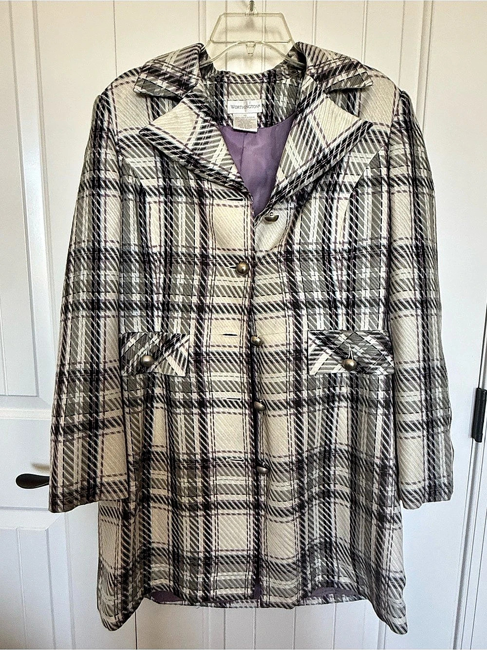 Worthington Plaid Trench Coat in Gray & Purple